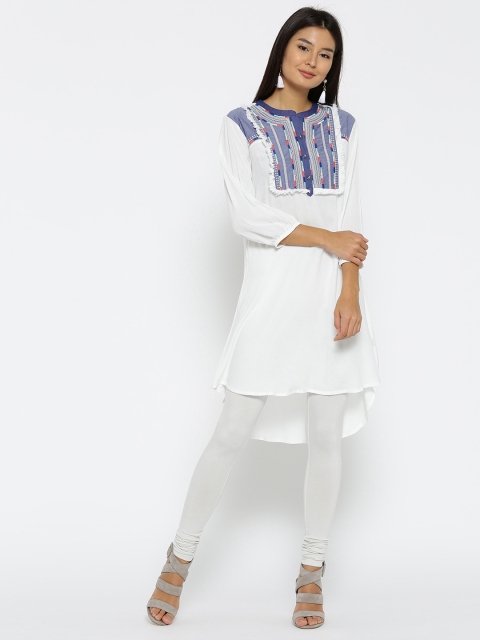 

Fusion Beats Women White & Blue Yoke Design Straight Kurta