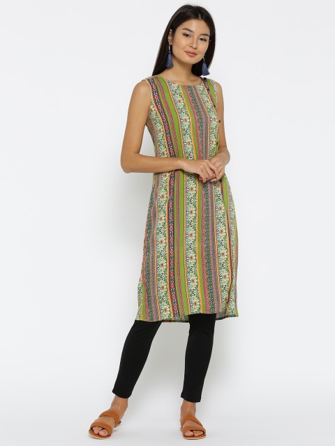 

Fusion Beats Women Green & Beige Printed Straight Kurta