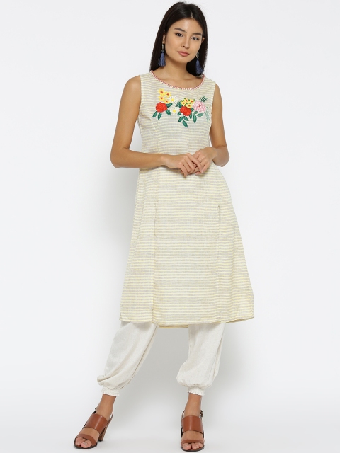 

Fusion Beats Women Beige Striped Embroidered A-Line Kurta