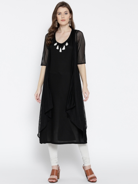 

Fusion Beats Women Black Solid A-Line Kurta with Longline Jacket