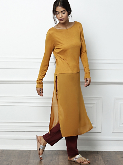 

all about you Women Brown Solid Straight Kurta