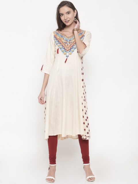 

Anahi Women Cream Embroidered A-Line Kurta