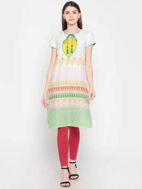

Karigari Women White & Green Printed Straight Kurta