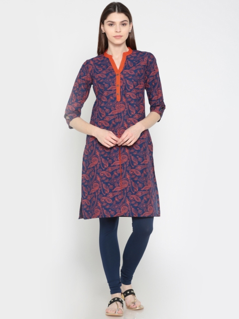 

Karigari Women Navy Blue & Orange Printed Straight Kurta