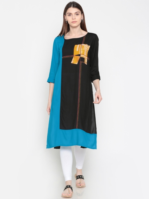 

Karigari Women Black & Blue Printed Straight Kurta