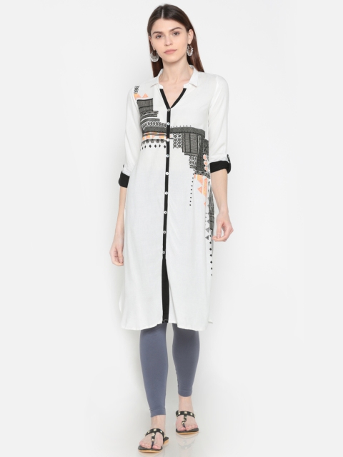 

Karigari Women White & Black Printed Straight Kurta