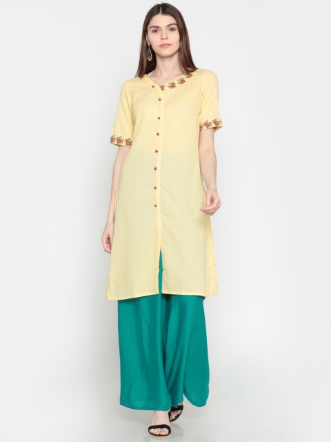 

Karigari Women Yellow Woven Design Straight Kurta