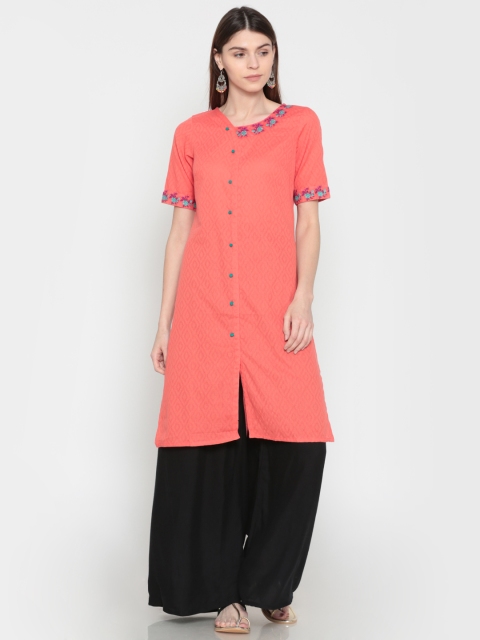 

Karigari Women Coral Pink Woven Design Straight Kurta