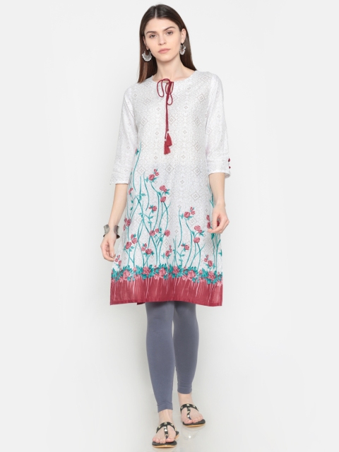 

Karigari Women White & Taupe Printed Straight Kurta