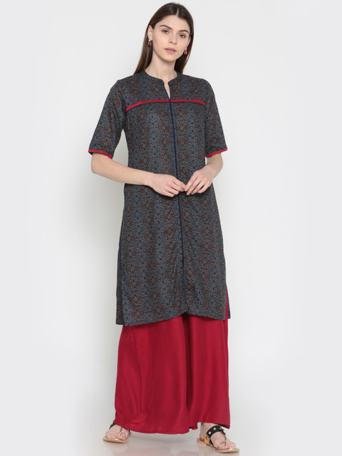 

Karigari Women Navy Blue Printed Straight Kurta