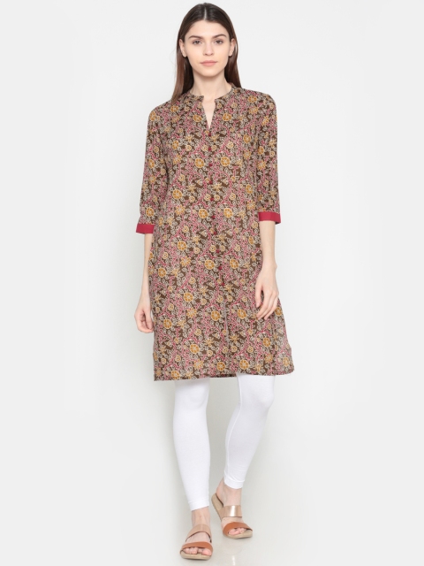 

Karigari Women Olive Green & Brown Printed Straight Kurta