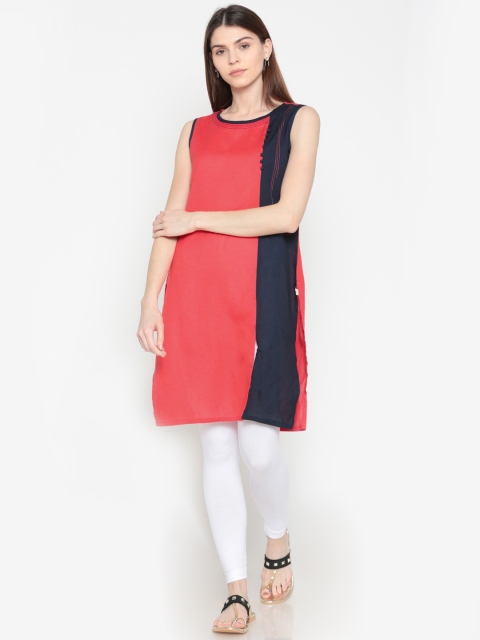 

Karigari Women Coral Red & Navy Colourblocked Straight Kurta