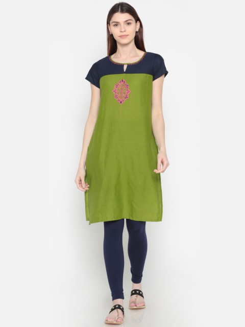 

Karigari Women Green & Navy Yoke Design Straight Kurta