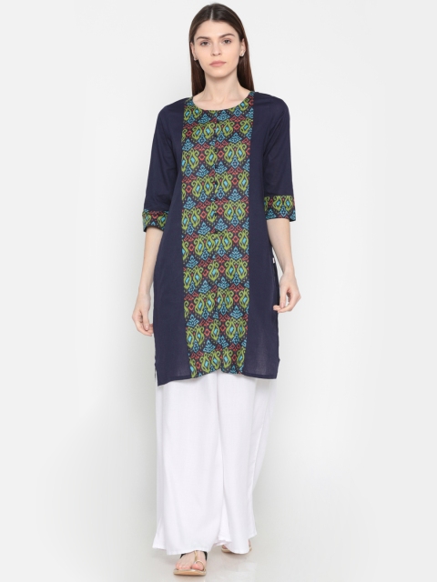 

Karigari Women Navy Printed A-Line Kurta, Navy blue