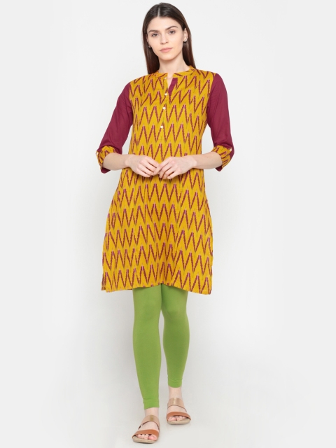 

Karigari Women Yellow & Maroon Printed A-Line Kurta