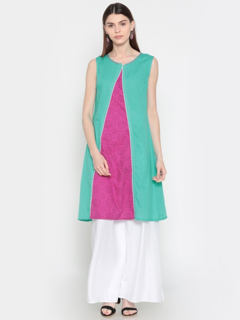 

Karigari Women Sea Green & Pink Printed A-Line Kurta