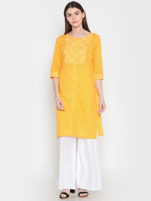 

Karigari Women Yellow Yoke Design Straight Kurta