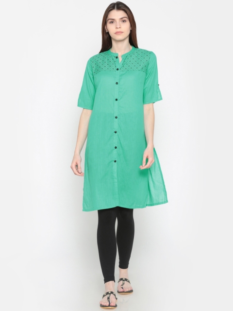 

Karigari Women Sea Green Yoke Design Straight Kurta