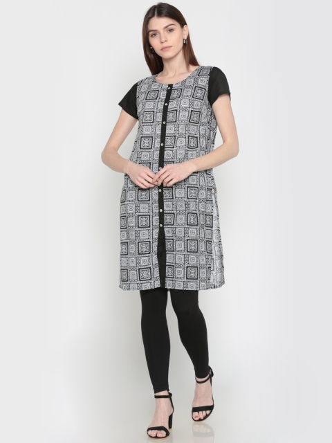 

Karigari Women White & Black Printed Straight Kurta
