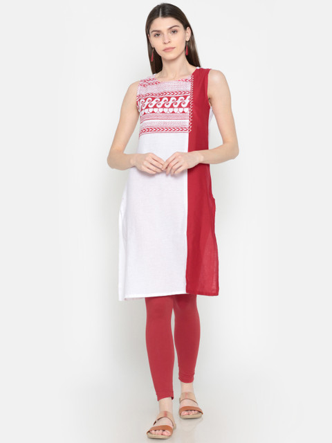 

Karigari Women White & Red Colourblocked Straight Kurta