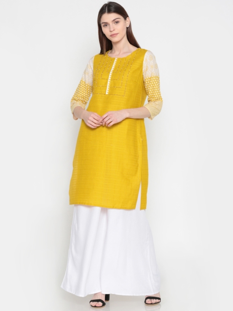 

Karigari Women Mustard Yellow Woven Design A-Line Kurta