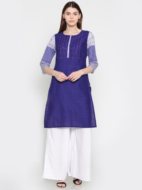 

Karigari Women Blue Yoke Design A-Line Kurta