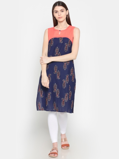 

Karigari Women Navy & Peach-Coloured Printed Straight Kurta, Navy blue