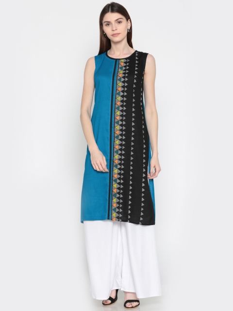 

Karigari Women Blue & Black Printed Straight Kurta