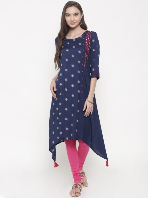 

Anahi Women Navy Printed Asymmetric A-Line Kurta, Navy blue