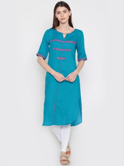 

Karigari Women Blue Yoke Design Straight Kurta