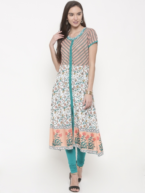 

Anahi Women White & Peach-Coloured Printed A-Line Kurta