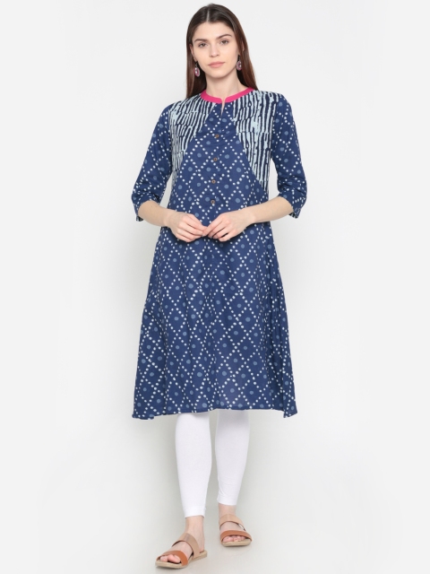 

Karigari Women Navy Blue Printed A-Line Kurta