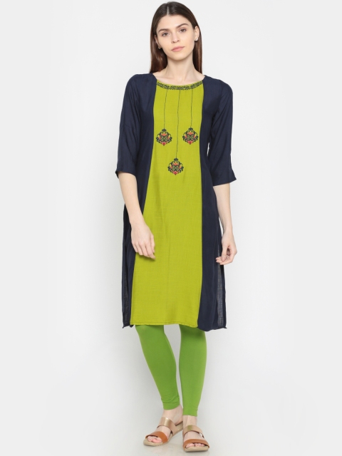 

Karigari Women Green & Navy Blue Yoke Design Straight Kurta