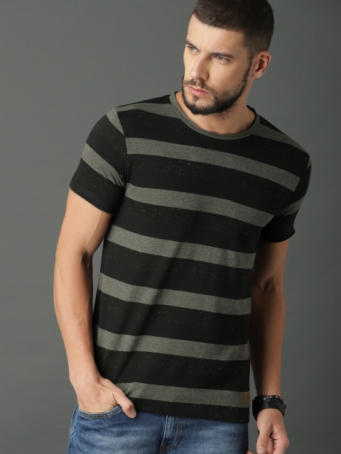 

Roadster Men Black & Grey Striped Round Neck T-shirt