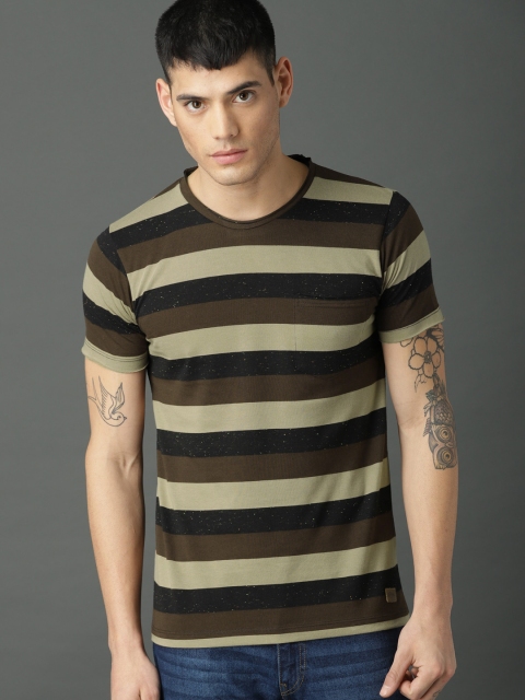

Roadster Men Brown Striped Round Neck T-shirt