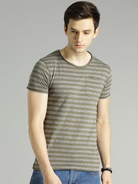 

Roadster Men Olive Green Striped Round Neck T-shirt