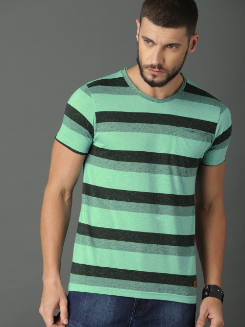 

Roadster Men Green & Black Striped Round Neck T-shirt