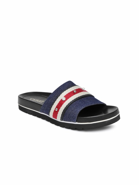 

CERIZ Women Navy Striped Canvas Open Toe Flats, Navy blue