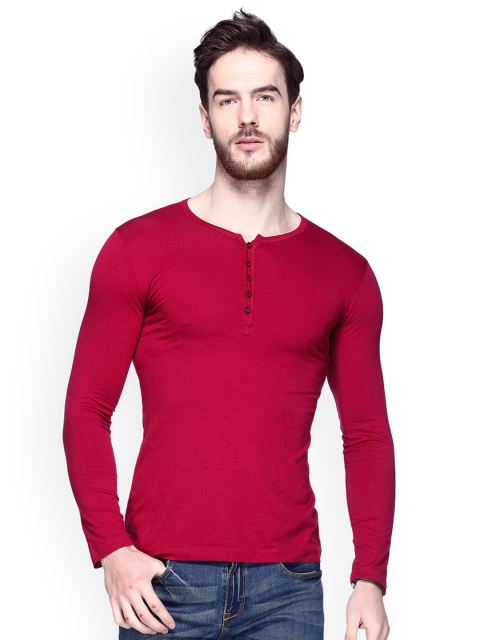 

Tinted Men Maroon Solid Henley Neck Slim Fit T-shirt