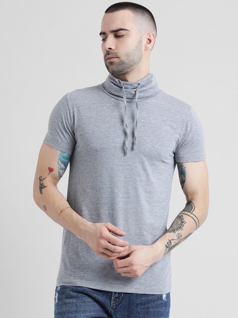 

Tinted Men Grey Melange Solid High Neck Slim Fit T-shirt
