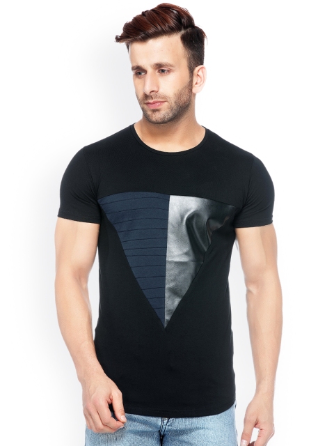 

Tinted Men Black & Navy Blue Self Design Round Neck Slim Fit T-shirt