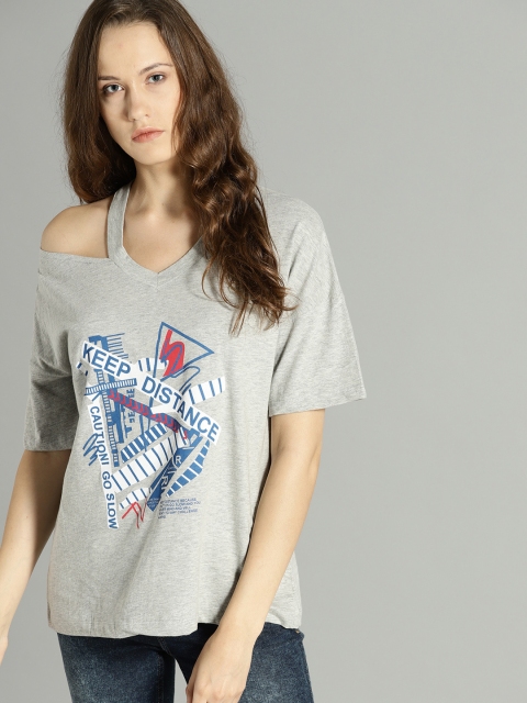 

Roadster Women Grey Melange Cut-Out Printed Top