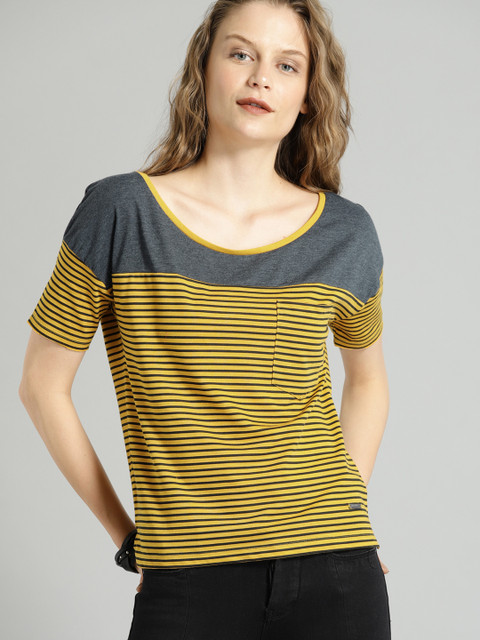 

Roadster Women Mustard & Grey Striped Round Neck T-shirt