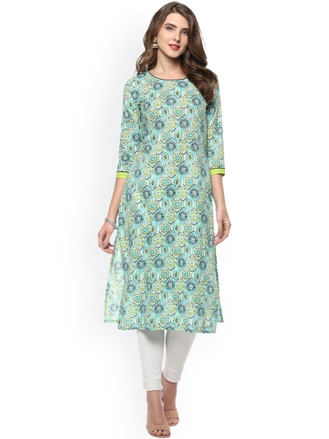 

Janasya Women Off-White & Green Printed Straight Kurta