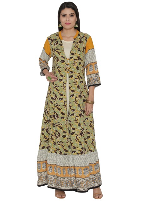 

Shree Women Olive Green & Mustard Yellow Floral Print Maxi Dress
