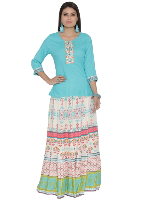 

Shree Women Turquoise Blue & White Solid Top with Printed Skirt