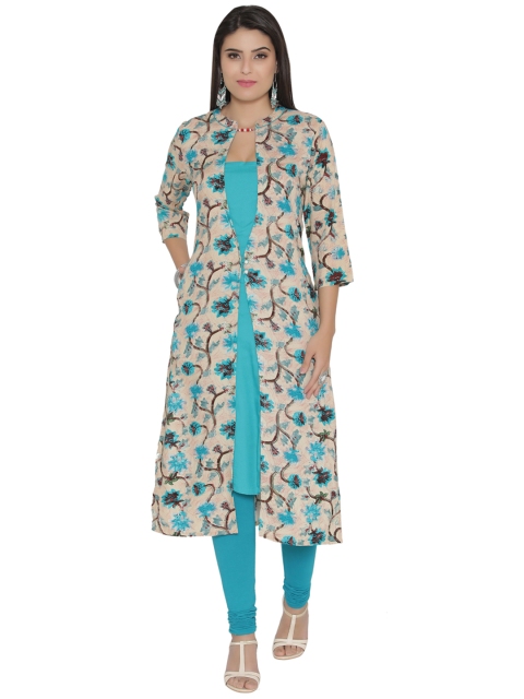 

Shree Women Beige & Turquoise Blue Printed Panelled A-Line Kurta