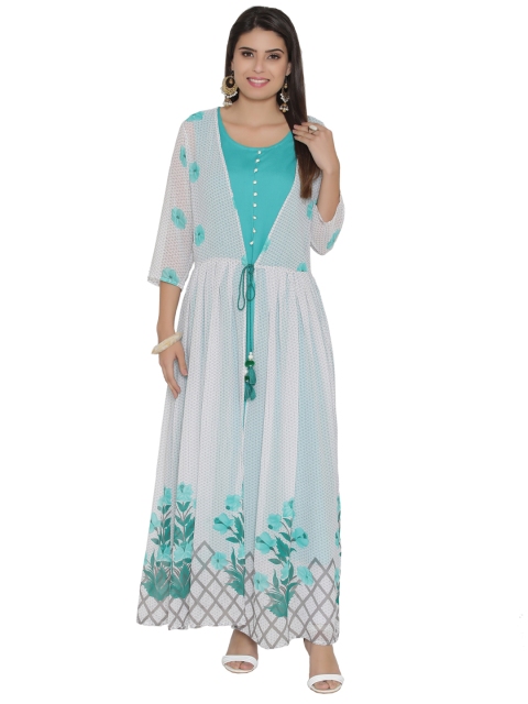 

Shree Women Teal Green Solid Straight Kurta with Ethnic Jacket