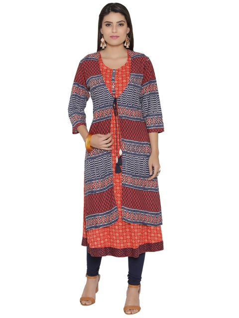 

Shree Women Orange & Beige Printed A-Line Kurta with Longline Ethnic Jacket