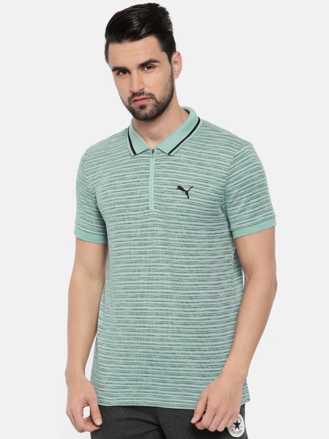 

Puma Men Green Striped Polo Collar Zip Closure T-shirt